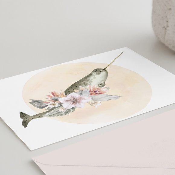 Watercolor Floral Narwhal Wall Art Illustration Print Poster Card Unframed - Picture 4 of 5